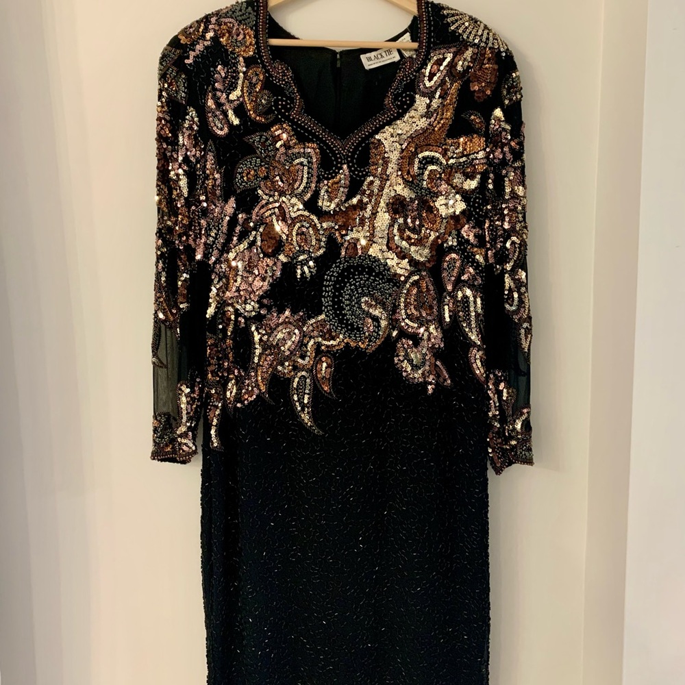 Vintage Black Tie Silk Beaded Sequin Embellished Evening Cocktail Formal Dress